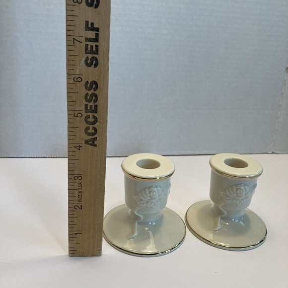 Vintage Lenox Ivory Gold Trim Porcelain Candleholders Tapers Pair Roses - Picture 3 of 12